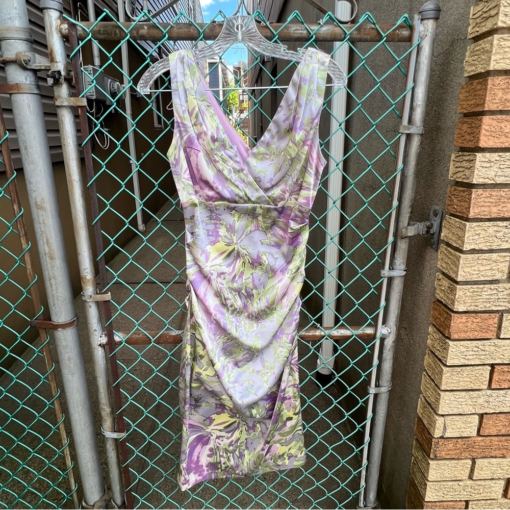 London Times Lavendar Ruched Midi Satin Dress